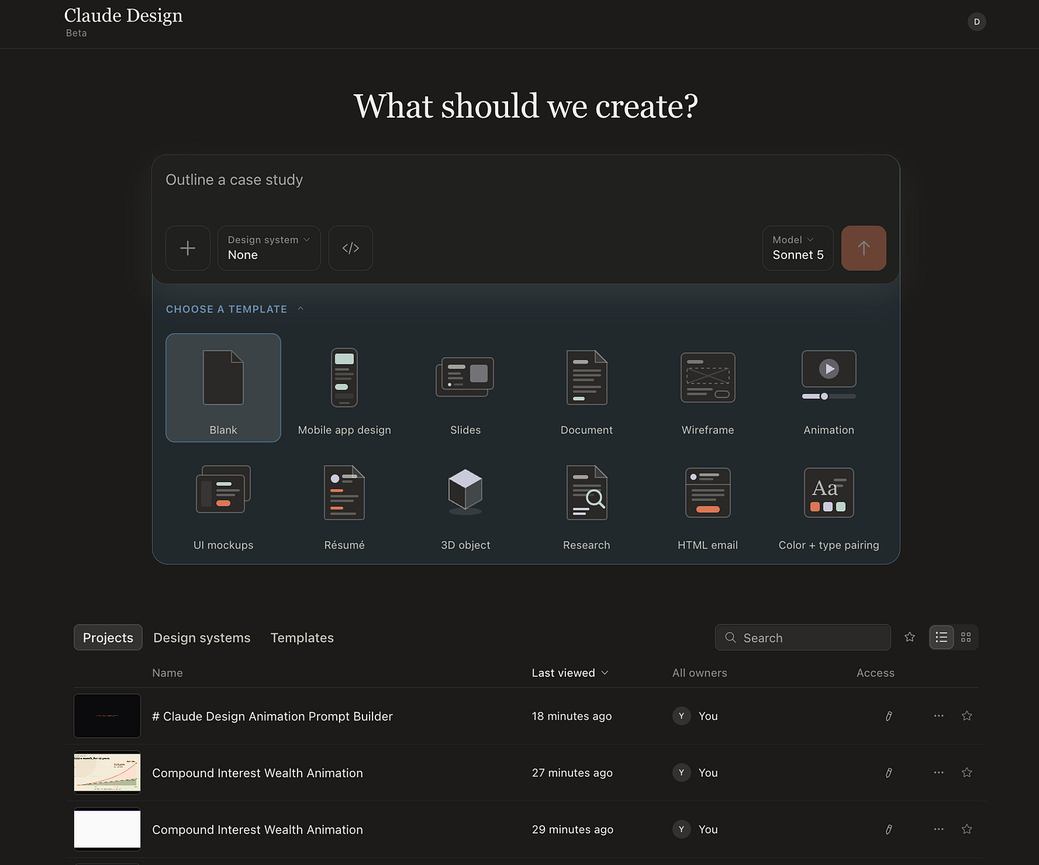 Claude Design interface showing starting points for mobile apps, presentations, documents, wireframes, animations, UI mockups, resumes, and 3D work.