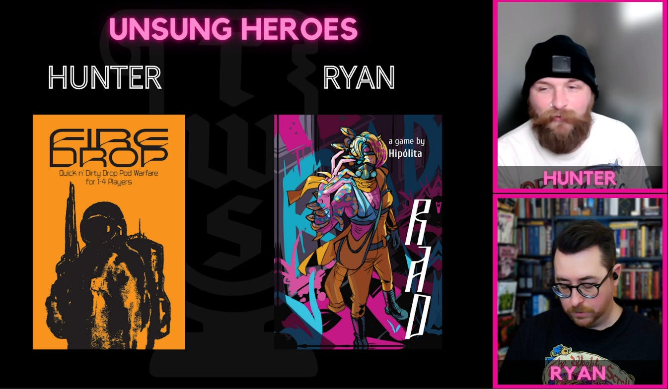 screenshot of a Twitch stream showing Weekly Scroll guys and Hunter picking Firedrop as an Unsung Hero of 2025