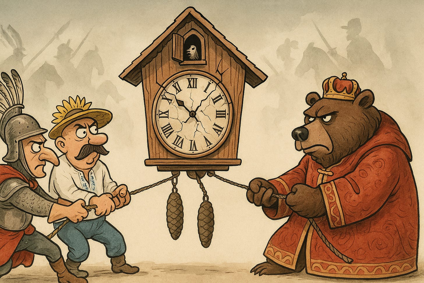 Political cartoon illustration by DALL·E shows a large, cracked cuckoo clock being tugged from opposite sides by a brooding Russian bear in a tsar’s robe and two caricatured human figures representing Poland and Ukraine (Poland as a stern-winged Hussar and Ukraine as a defiant farmer with a sunflower hat) set against a misty background with ghostly silhouettes of historical conflicts; metaphor for Eastern European geopolitical tension.