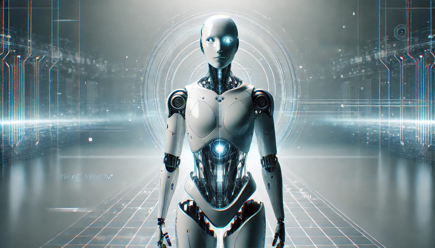 An image representing Isaac Asimov's book 'I, Robot' in a futuristic and minimalistic style. The image should feature a humanoid robot standing in a modern, clean environment, symbolizing the themes of robotics and artificial intelligence. The robot should have a sleek design, with subtle glowing elements to suggest advanced technology. The background can include abstract elements or lines that hint at data and technology, while the overall color palette should evoke a balance between cool, metallic tones and warmer, humanistic shades.