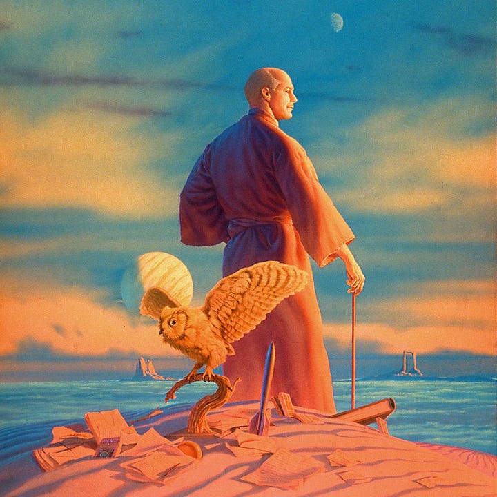 LEFT: Detail from LAST LOOK BACK featuring Robert Heinlein standing boldly in profile to face the twilight of an alien world. White hair recedes back on his forehead. A thin mustache traces his upper lip. He looks debonair, with the air of a mystic as shadow falls across the back of his coral robe.  RIGHT: Foreground detail from LAST LOOK BACK featuring an owl with wings spread as it perches on a curling branch set on a wooden base, lying among discarded papers and books in the rippling sand. A shiny rocket identical to the design of the Hugo Award points upward slightly askew.
