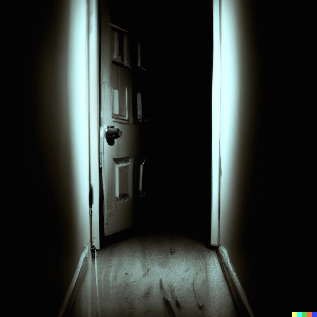 a door opens up a dark, scary room