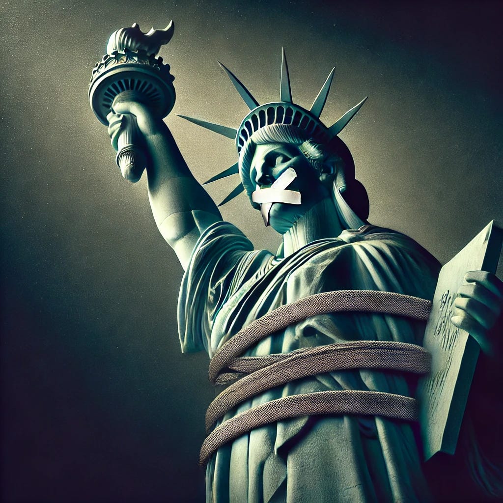 A dramatic illustration of the Statue of Liberty with her mouth covered by tape and her arms tied behind her back, symbolizing a lack of freedom of speech and action. The image should convey a sense of restriction and oppression, with the statue's usual torch and tablet missing to emphasize her powerlessness. The background should be dark and somber to heighten the mood of restriction and lost freedom, with subtle lighting highlighting the statue's face and bound arms. No text should be included in the image.