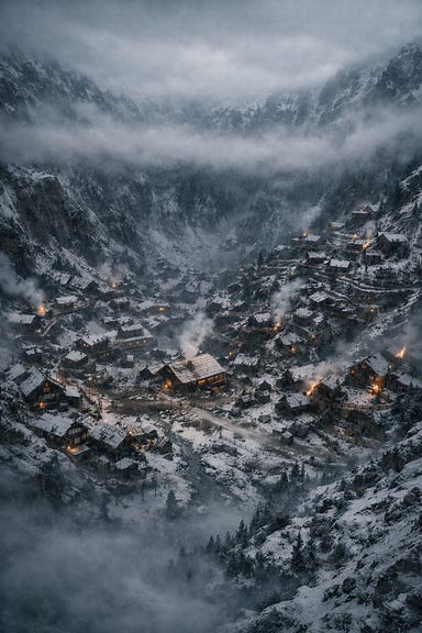 Aerial view of the village of Soldav, nestled in a vast mountain crater surrounded by steep snow-covered walls, wooden huts and terraces clinging to the slopes, smoke rising from chimneys, fog sealing the crater, Barovian Gothic atmosphere