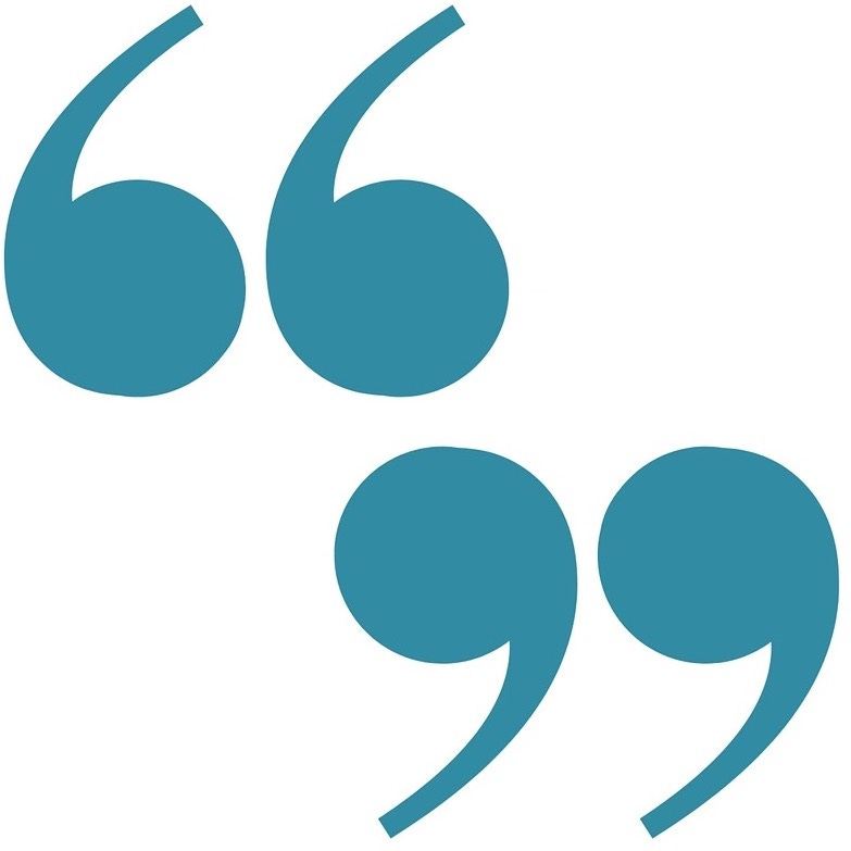 A pair of large, illustrated quotation marks, opening marks high to the left and closing low to the right, in bright teal.