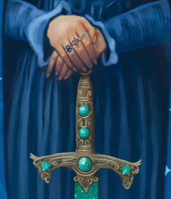 a pair of hands wearing rings and holding a green glowing sword.