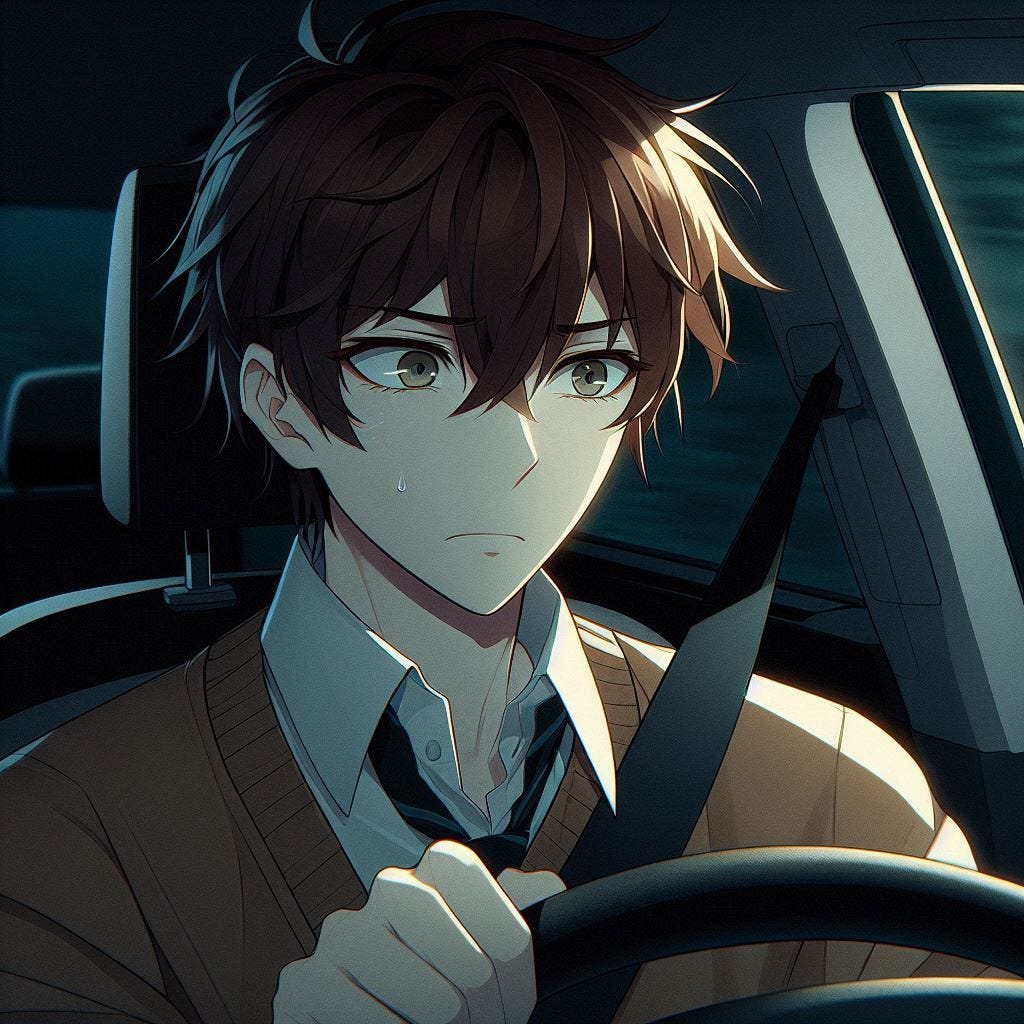 A young man with brown hair driving home looking nervous. anime art style. dark. modern. A young man with brown hair driving home looking nervous. anime art style. dark. modern.