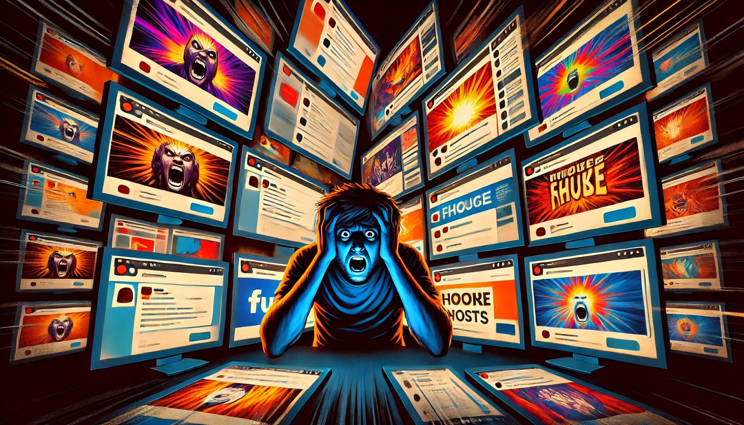 A person surrounded by multiple screens, each showing aggressive or emotionally charged posts with intense colors and symbols. The central figure looks worried and disoriented, emphasizing the mental weight of consuming one-sided information. The screens cast a harsh light on the figure, creating an atmosphere of tension and overwhelm. The color palette uses dark tones with bright highlights on the screens to capture the intensity and pressure of being trapped in a digital echo chamber.