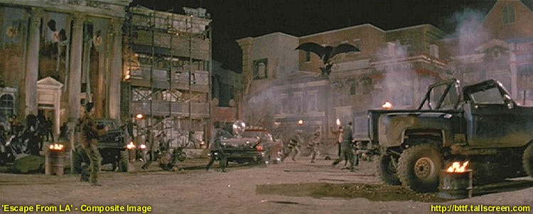 "Ucieczka z Los Angeles" (1996) - zbliżenie na gmach, z nadlatującym na lotni Snake'em Plisskenem