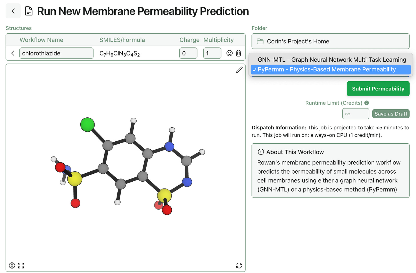 Physics-based membrane permeability input with chlorothiazide Physics-based membrane permeability input with chlorothiazide