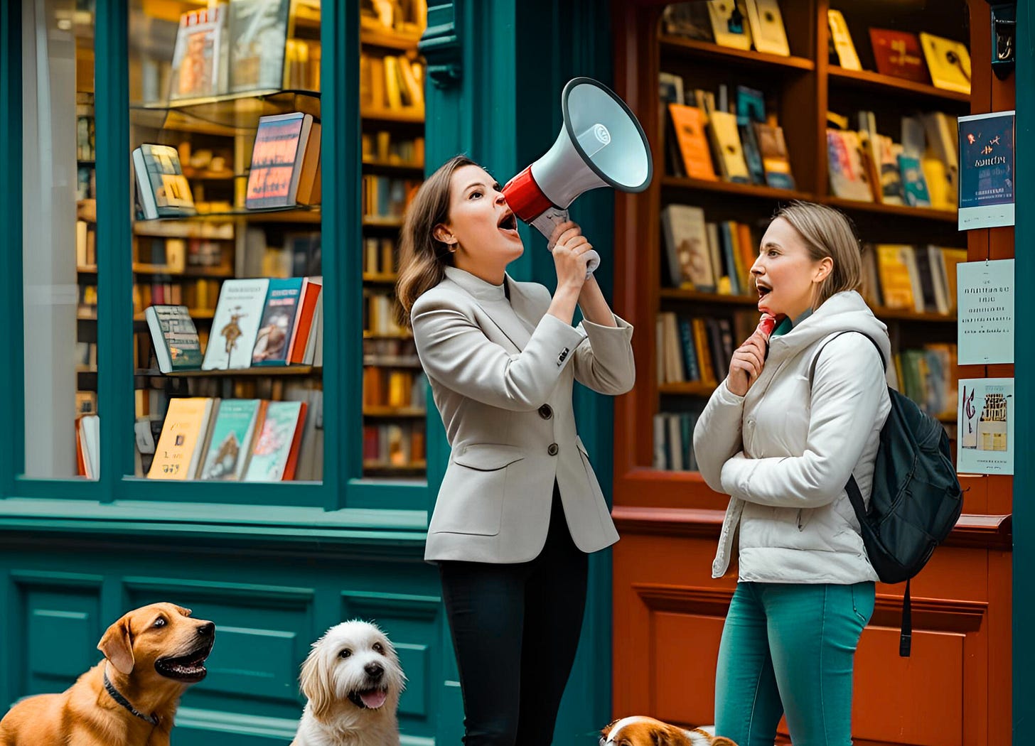 woman with megaphone in front of bookstore with dogs and friend