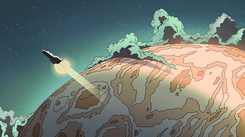 A rocket launching from a planet