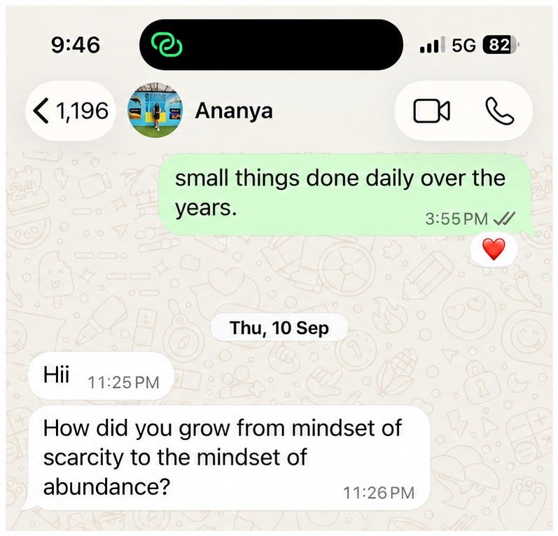 WhatsApp message from a founder friend: How did you grow from mindset of scarcity to the mindset of abundance? WhatsApp message from a founder friend: How did you grow from mindset of scarcity to the mindset of abundance?