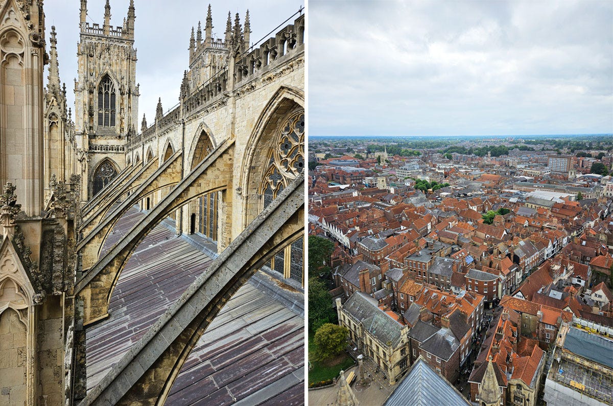 Composite image of a church's roof buttresses and a view from the church tower of the street surrounding the building