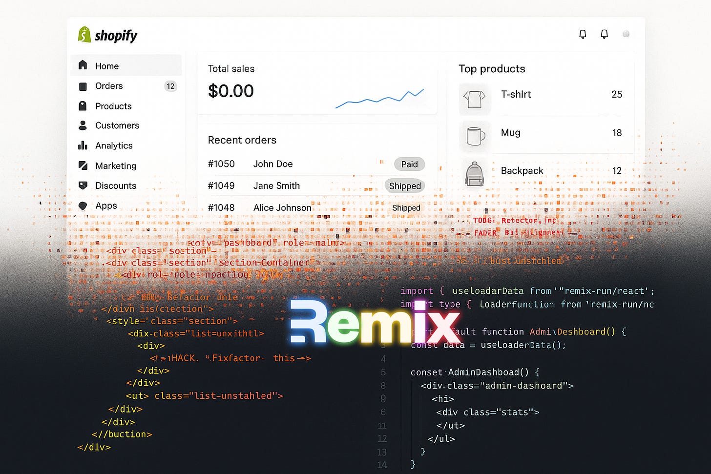 A screenshot of a Shopify dashboard showing total sales of $0.00, 12 recent orders with statuses (Paid and Shipped), and top products (T-shirt: 25, Mug: 18, Backpack: 12). The background features code snippets and a "Remix" logo, with a comment suggesting a "Fixfactor" fix. A screenshot of a Shopify dashboard showing total sales of $0.00, 12 recent orders with statuses (Paid and Shipped), and top products (T-shirt: 25, Mug: 18, Backpack: 12). The background features code snippets and a "Remix" logo, with a comment suggesting a "Fixfactor" fix.