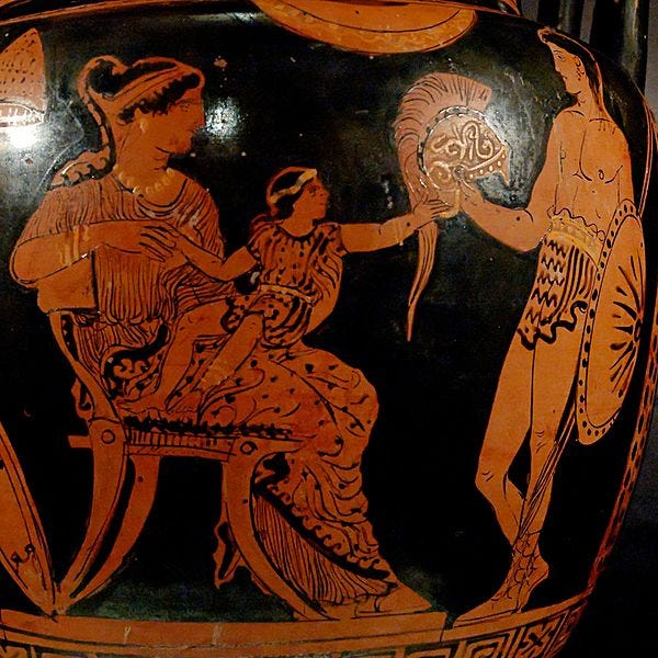 ector's last visit to his family before his duel with Achilles: Astyanax, on Andromache's knees, stretches to touch his father's helmet. ector's last visit to his family before his duel with Achilles: Astyanax, on Andromache's knees, stretches to touch his father's helmet.