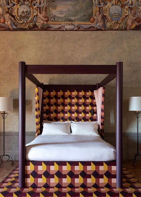 Interior design by India Mahdavi — bold color, sensual form, and a specific emotional atmosphere characteristic of her work. Design by India Mahdavi.