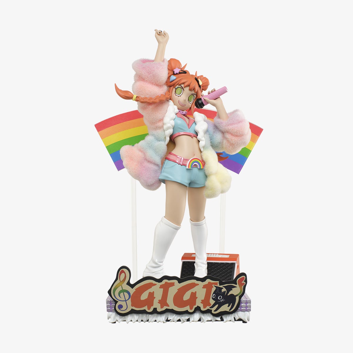 Vinyl figure named Gigi from Pop Mart's Peach Riot Pride 2025 collection, dressed in pastel-colored attire, fluffy rainbow coat, white boots, holding a pink microphone, and posed enthusiastically in front of a rainbow flag. Vinyl figure named Gigi from Pop Mart's Peach Riot Pride 2025 collection, dressed in pastel-colored attire, fluffy rainbow coat, white boots, holding a pink microphone, and posed enthusiastically in front of a rainbow flag.