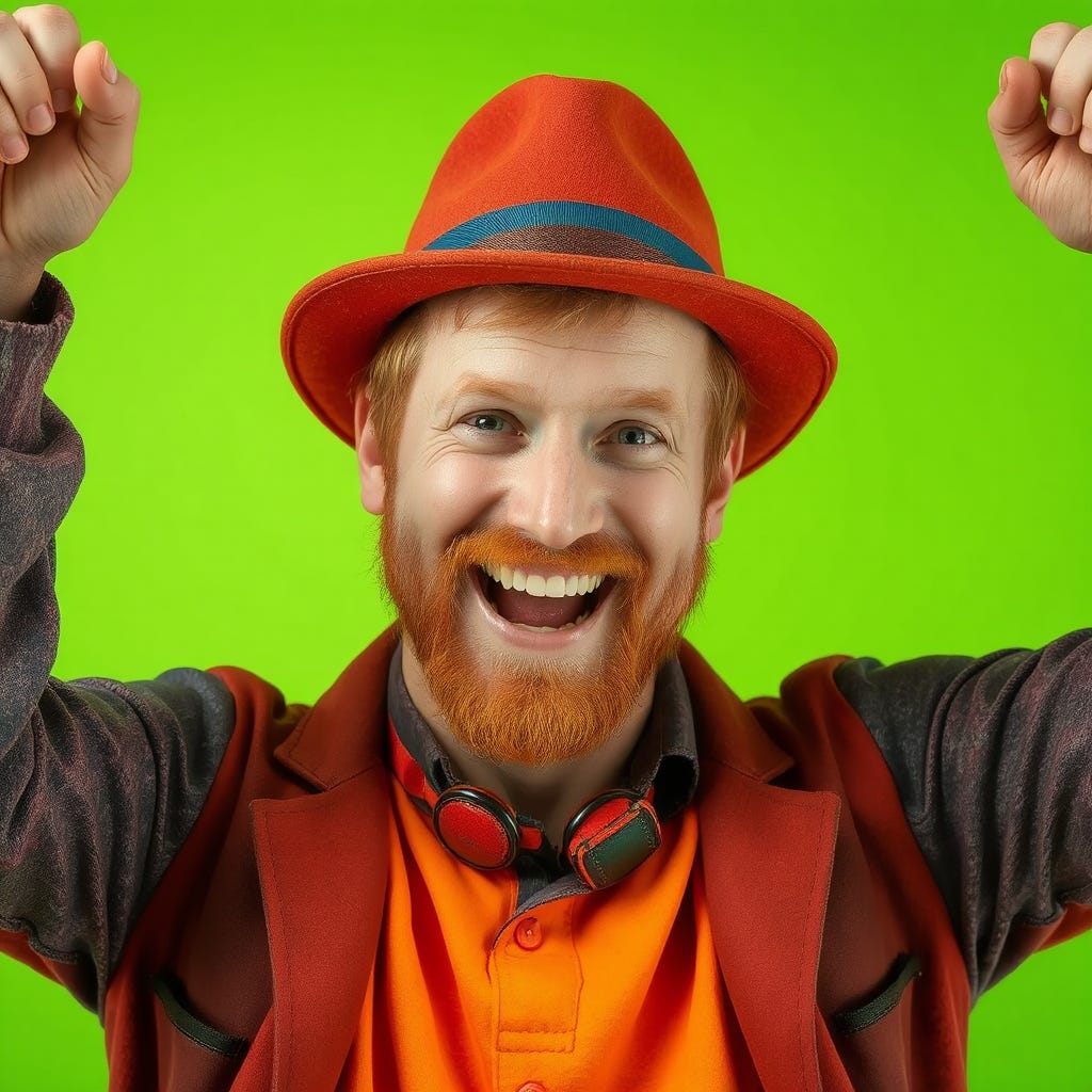 Happy 40-year-old, red-haired, Caucasian man with vivid color clothes, wearing a hat, celebrating a personal victory, wearing contrasting vivid color accessories, isolated on a vivid contrasting green background, HEX #336600, with space around. Happy 40-year-old, red-haired, Caucasian man with vivid color clothes, wearing a hat, celebrating a personal victory, wearing contrasting vivid color accessories, isolated on a vivid contrasting green background, HEX #336600, with space around.
