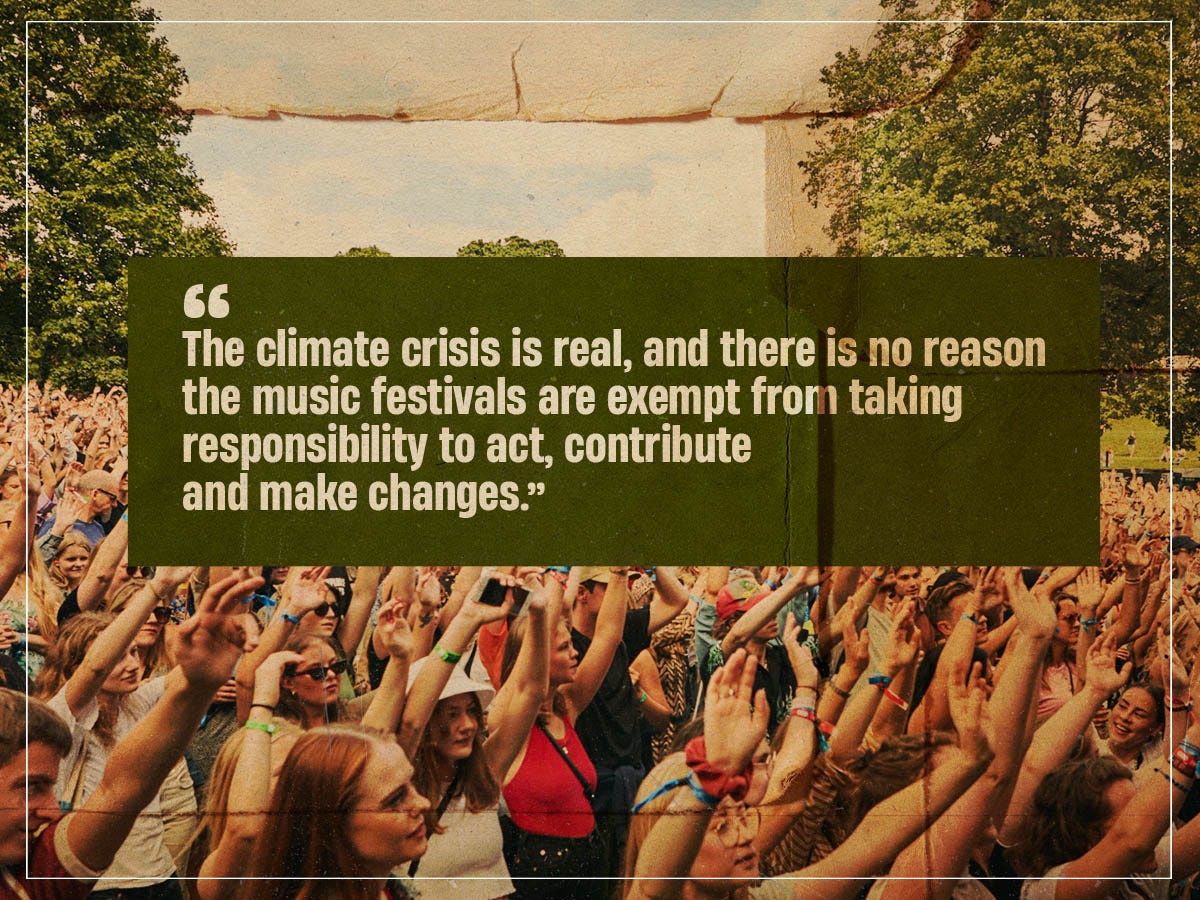 Graphic of a crowd dancing to music and an overlaid quote that says the climate crisis is an emergency and the music festival industry has a responsibility to make changes.