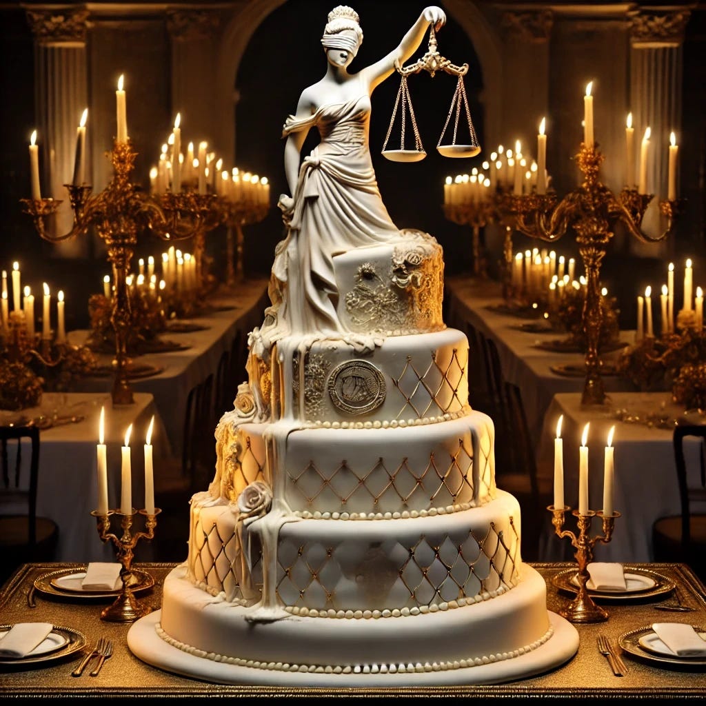 A realistic photograph of a satirical wedding-style cake celebrating the six-year anniversary of the Fake News Inquiry in Brazil. The cake is a multi-tiered, elegant white cake, decorated with gold details and intricate icing patterns, resembling a formal wedding cake. At the top, instead of traditional wedding figurines, there is a melting statue of Lady Justice acting as a candle, with wax dripping down onto the tiers below. The cake is placed on an opulent table setting, with dim lighting creating a dramatic effect. The overall tone is ironic and darkly humorous. The image contains no text.