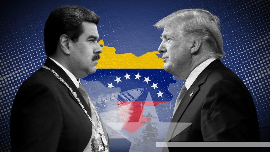 A graphic of Nicolas Maduro and Donald Trump in grey, facing each other in front of a Venezuela outline in the country's colours A graphic of Nicolas Maduro and Donald Trump in grey, facing each other in front of a Venezuela outline in the country's colours