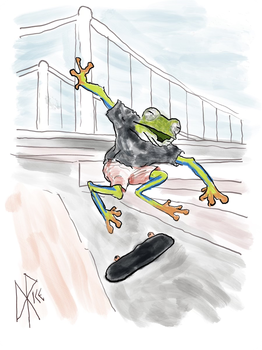 A cartoon of an anthropomorphized frog wearing a t-shirt and shorts, doing skateboard tricks in a cityscape. Sketch art by Don Rice. A cartoon of an anthropomorphized frog wearing a t-shirt and shorts, doing skateboard tricks in a cityscape. Sketch art by Don Rice.