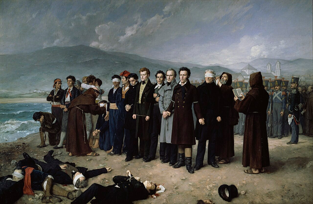 A line of men waiting to be shot on a beach A line of men waiting to be shot on a beach