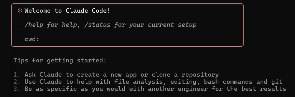 Screenshot of the Claude Code welcome screen showing setup tips and a command prompt.