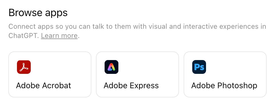 A screenshot of the ChatGPT “Browse apps” panel showing three Adobe integrations: Adobe Acrobat, Adobe Express, and Adobe Photoshop, each displayed as selectable cards.