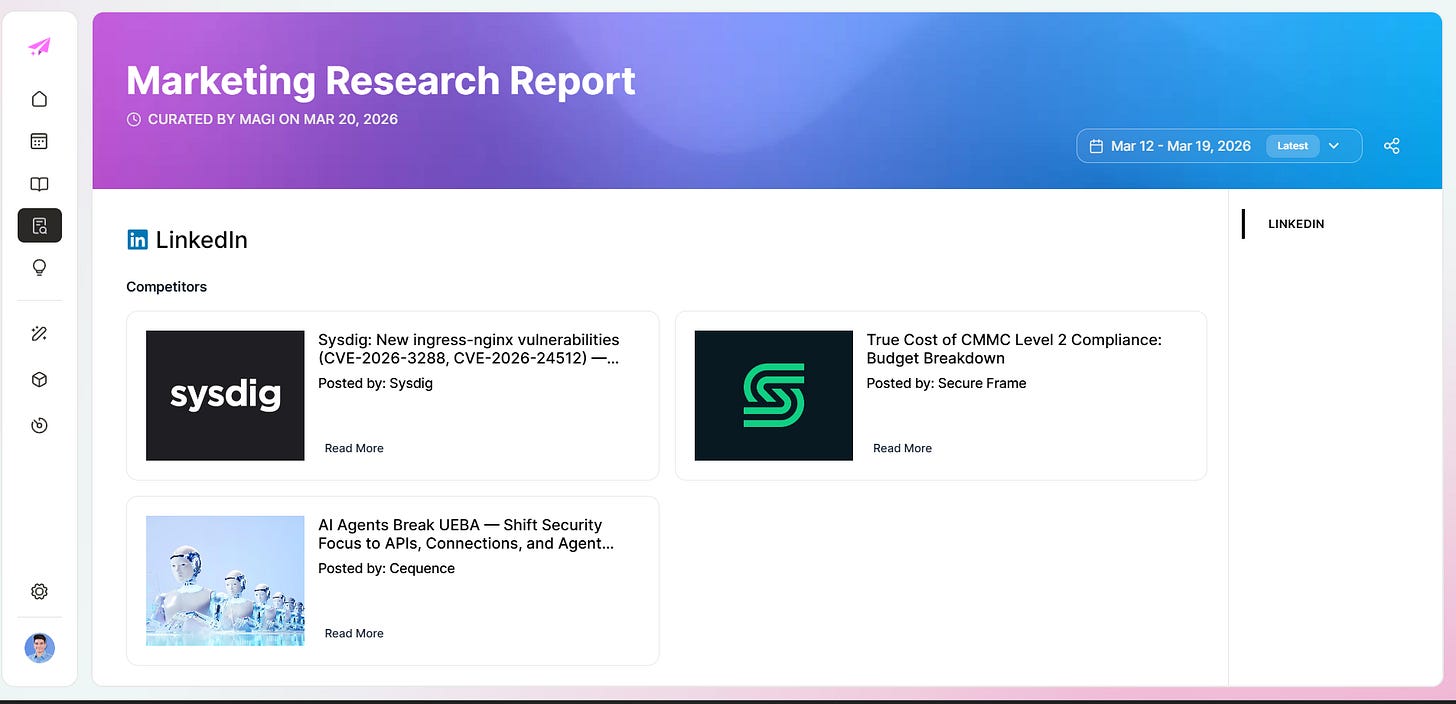 Magi Marketing Research Report: competitor content from Sysdig, Secure Frame, and Cequence pulled into a LinkedIn monitoring view Magi Marketing Research Report: competitor content from Sysdig, Secure Frame, and Cequence pulled into a LinkedIn monitoring view
