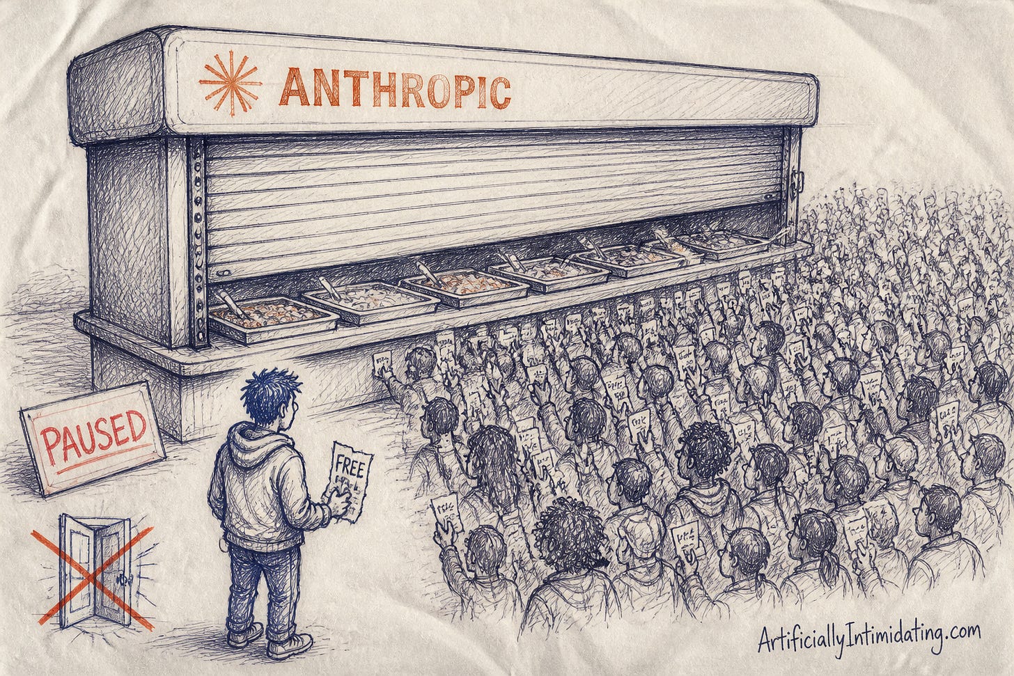 A giant rust-orange buffet counter labeled ANTHROPIC with its metal shutter half down, a huge crowd of small people holding FREE coupons pressed against it, one hoodie-wearing founder beside a PAUSED sign, and a small crossed-out sketch of an open door.