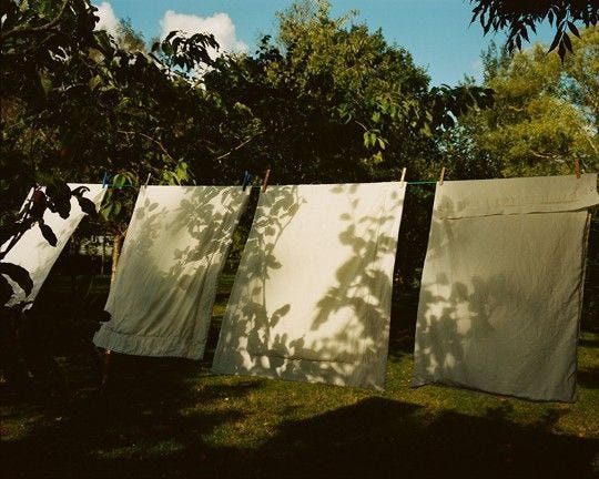 This may contain: three white towels are hanging on a clothesline in the sun, with trees behind them