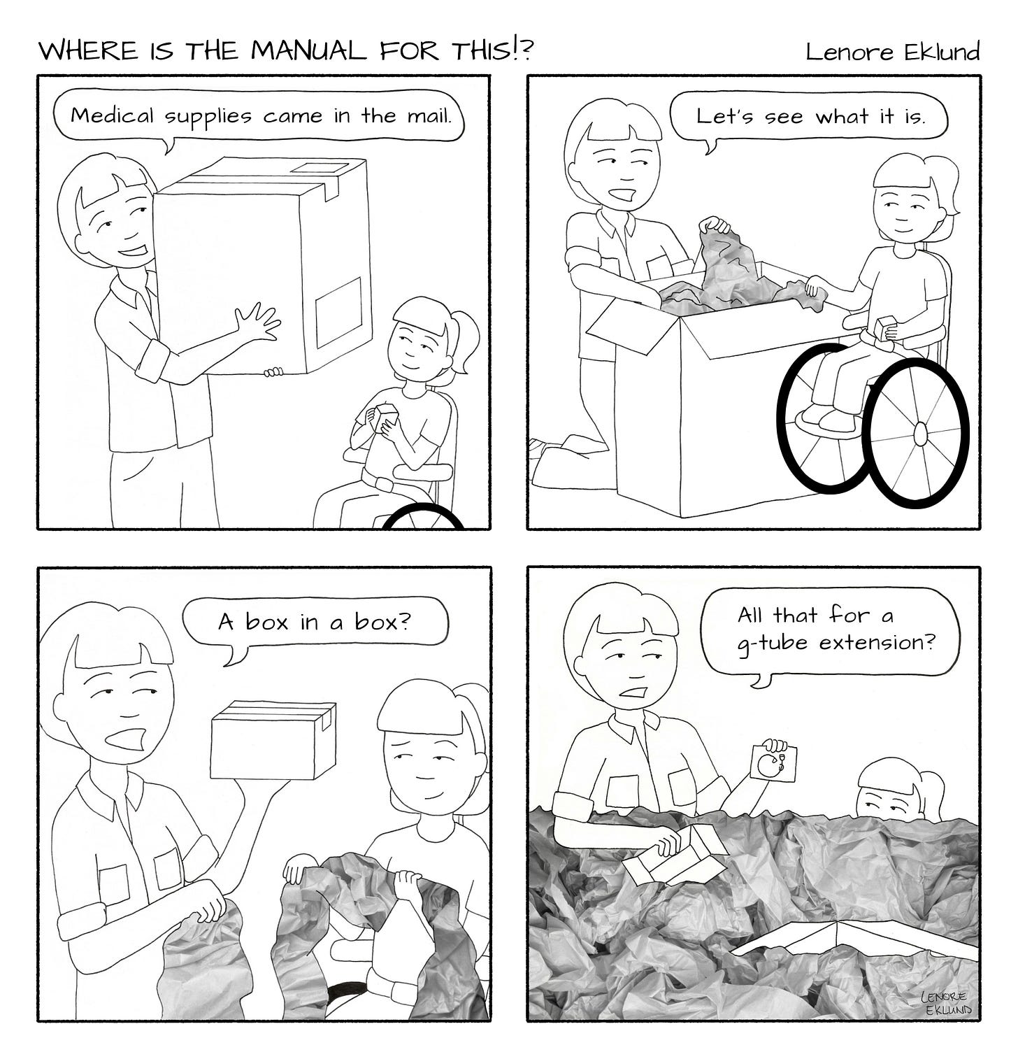 A four-panel line drawing cartoon titled Where is the Manual for This?!. The first panel shows a mom with short hair bringing in a big box. She says “Medical supplies came in the mail,” to her daughter, who smiles up at her from her wheelchair. In the second panel, the mom has the box open on the floor next to her daughter and says “Let’s see what it is” while she pulls out brown paper packaging. In the third panel, the mom holds up a small cardboard box and says “a box in a box?” The daughter, now holding part of the brown paper packaging, looks skeptical. In the fourth panel, the brown paper packaging has taken over half of the foreground, nearly covering the daughter. The mom holds up a small round tube in a plastic envelope and says “All that for a g-tube extension?”
