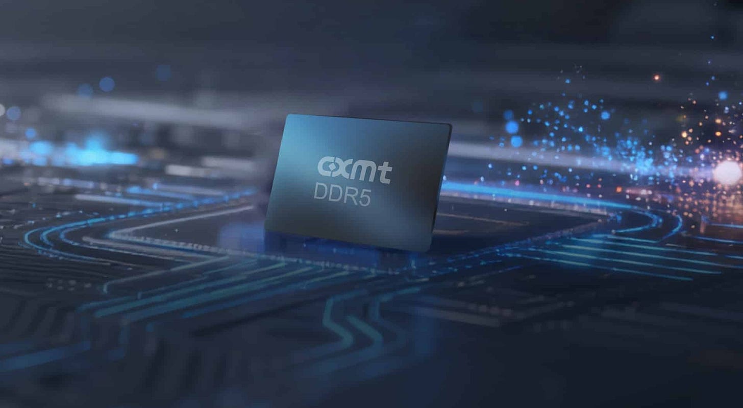 A computer chip labeled “cxmt DDR5,” representing Chinese memory, is placed on a dark, illuminated circuit board with blue and orange light effects highlighting the pathways. A computer chip labeled “cxmt DDR5,” representing Chinese memory, is placed on a dark, illuminated circuit board with blue and orange light effects highlighting the pathways.