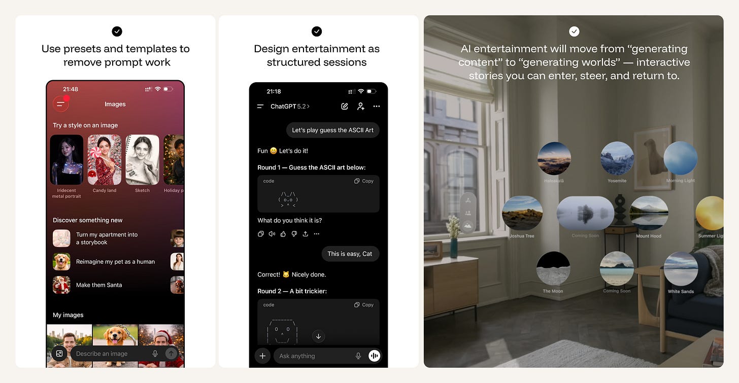 ChatGPT showing image style presets and a structured game session, alongside an Apple Vision Pro immersive environment selector.