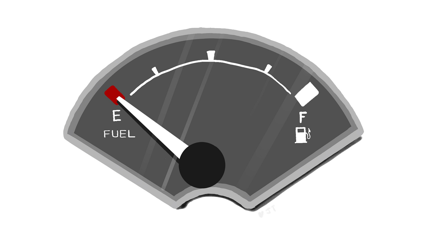 An illustration of a car fuel gauge with the indicator pointing to empty.