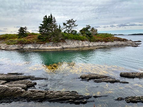 Beach, rocky coast, van at waterfront campsite