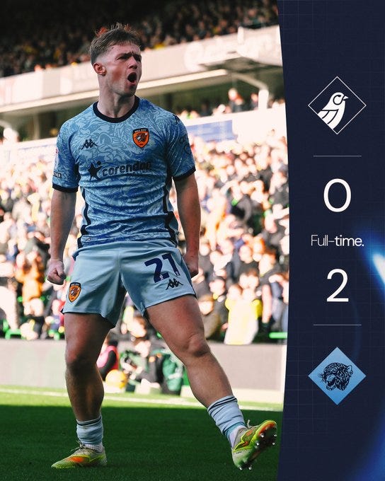 Full-time graphic reads Norwich City 0-2 Hull City. Picture is of Joe Gelhardt celebrating at Carrow Road