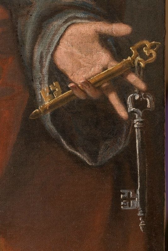 This may contain: a painting of a person holding a key