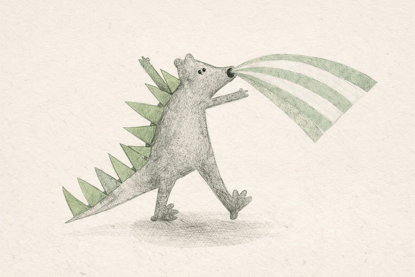 Alt text: Pencil-style sketch of a playful dinosaur standing upright, rendered mostly in grayscale with sage green accents on its back spikes and the stream coming from its mouth, creating a soft, whimsical contrast against a textured background.