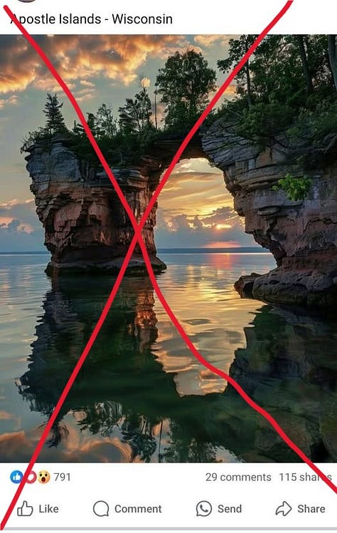 A range of fake, AI-generated photos of places in the Michigan and Wisconsin.