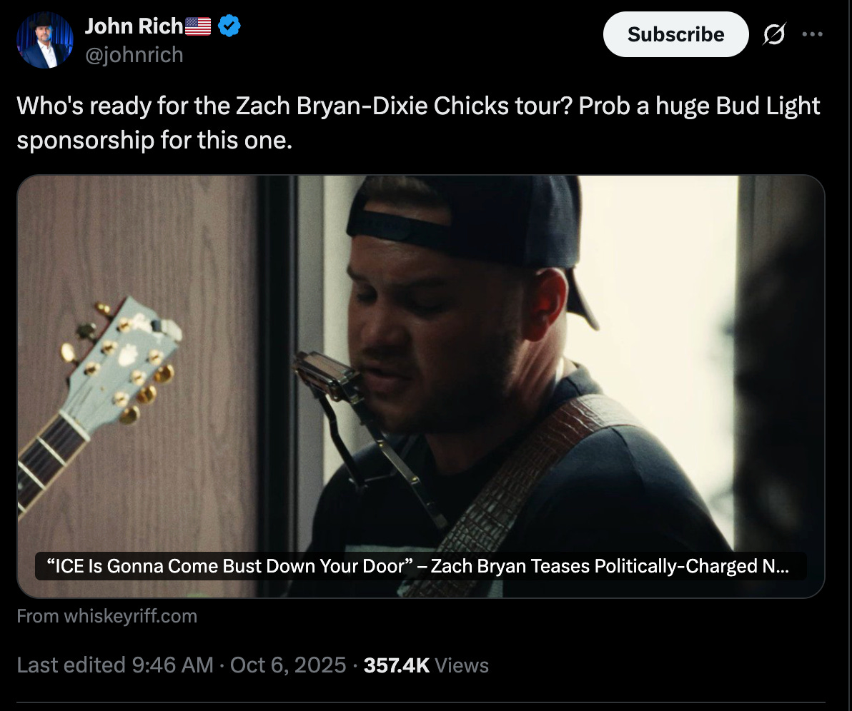 John Rich: Who's ready for the Zach Bryan-Dixie Chicks tour? Prob a huge Bud Light sponsorship for this one