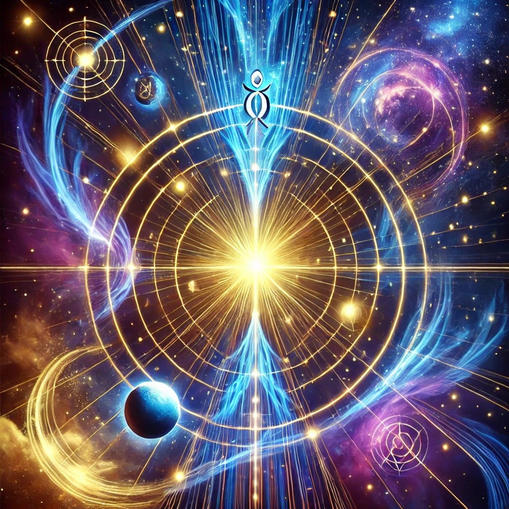 A cosmic-themed digital artwork featuring a celestial crossroads where vibrant energy lines converge in space. The background is a deep, starry sky with a glowing nebula. A radiant light at the center symbolizes transformation and insight, with planetary orbits swirling around it. Electric blue, gold, and violet hues create a mystical, visionary feel. Abstract figures or symbols suggest movement, intuition, and bold action. A subtle text overlay reads: “✨ Cosmic Crossroads: Bold Shifts, Deep Truths & Visionary Sparks! ✨”