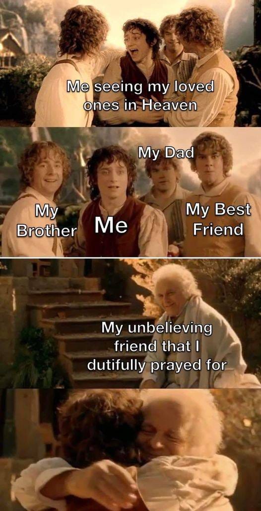 May be an image of 9 people and text that says 'Me seeing my loved ones in Heaven My Dad My Brother Me My Best Friend My unbelieving friend that I dutifully prayed for'