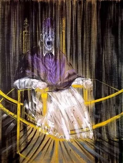 This may contain: a painting of a person sitting on a chair in front of a yellow fence and trees
