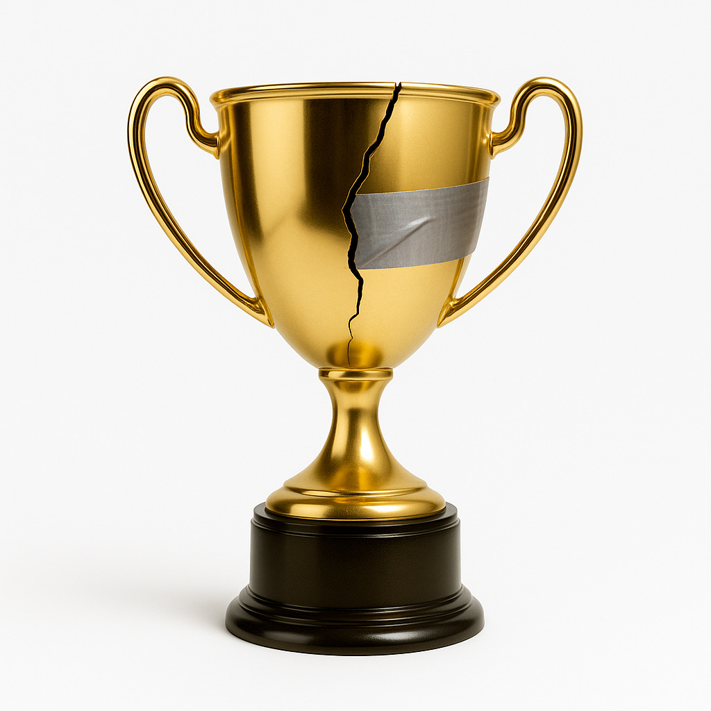 A gold trophy with a large vertical crack held together by a strip of duct tape sits centred on a plain white background. The damage is clearly visible, suggesting a prize that looks like success but is already failing.
