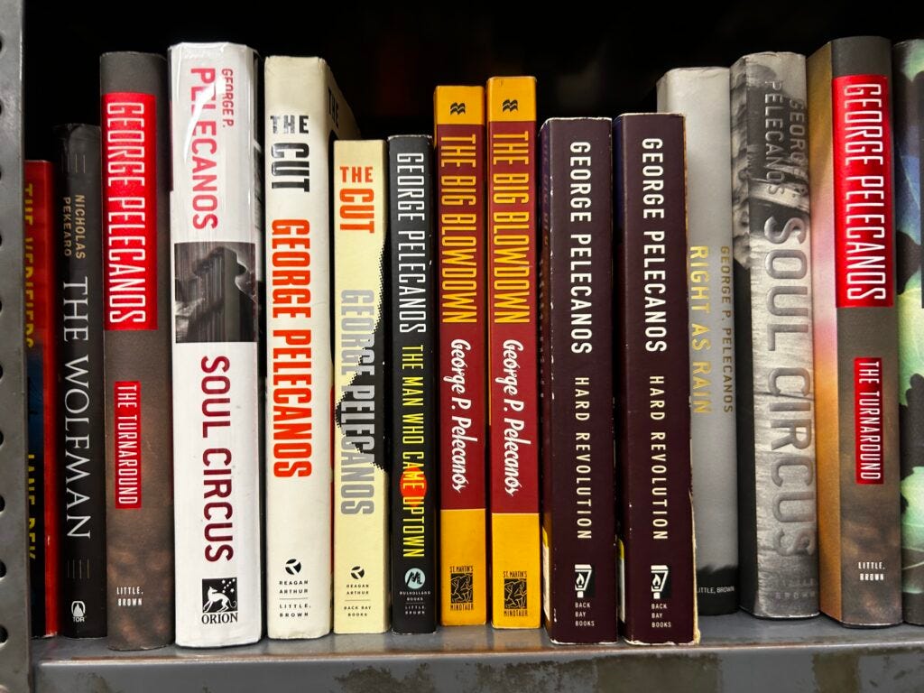 Rows of old George Pelecanos books at The Strand Bookstore in lower Manhattan. 
