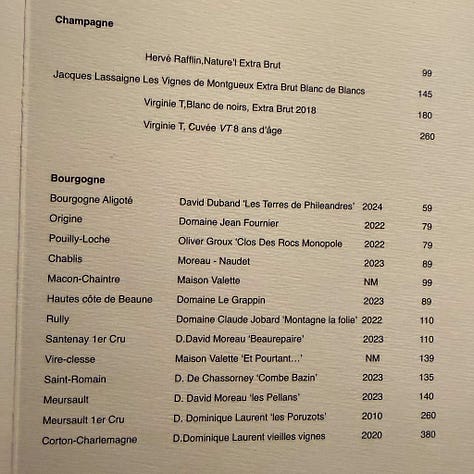 Wine list at Mantra restaurant in Paris
