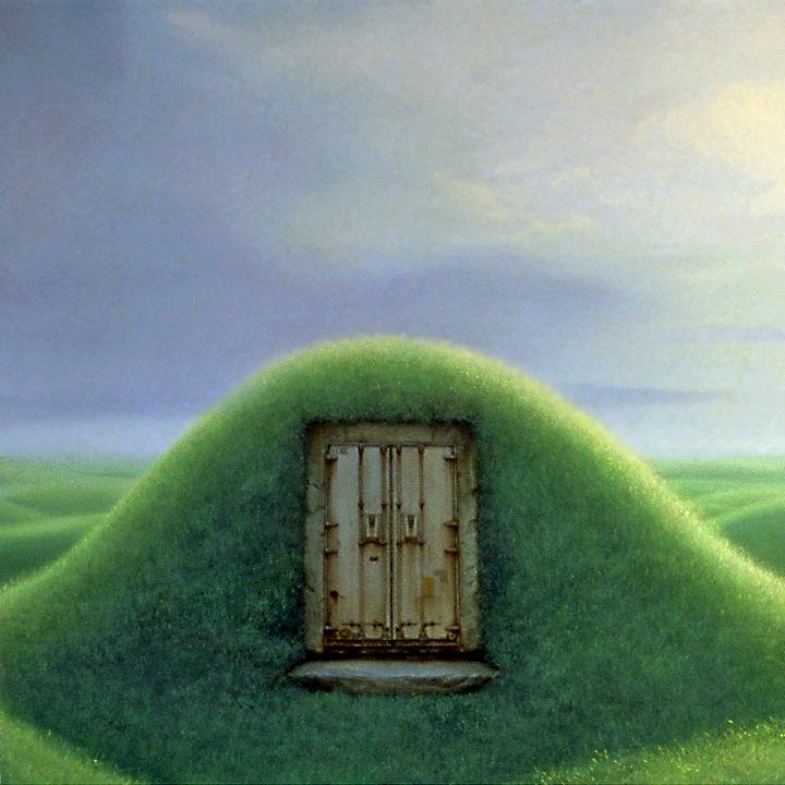 LEFT: Detail from WIDE featuring the mound on the left half of the painting with the closed set of double doors set in a concrete frame. Rust streaks down from the metal. The weathering suggests the doors have been endured for a long time.  RIGHT: Detail from WIDE featuring the mound on the right half of the painting. The right door swings open revealing nothing in the darkness within, however, a transparent sphere containing a solitary flame floats weightless up.
